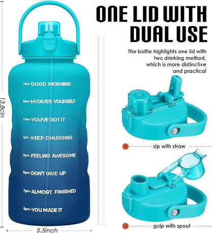 HydroPal 1 Gallon Water Bottles with Straw, 128 oz Water Bottle BPA Free Innovative 2-IN-1 Lid Gym Bottle with Times to Drink Motivational, Large for Sports Fitness Camping Water Jug （13.8X5.5 inch）