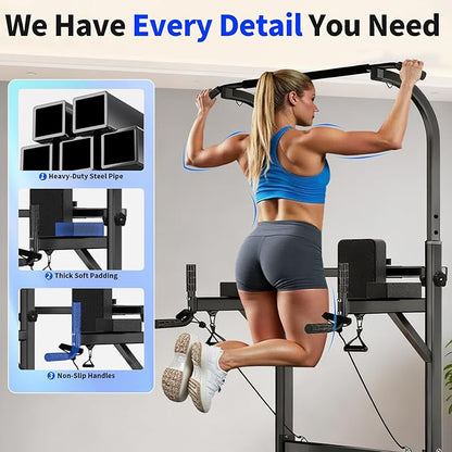 Pull Up Bar Power Tower Dip Station, Adjustable Strength Training Equipment for Home Gym Workout, Multi-Function Pull Up and Dip Bar