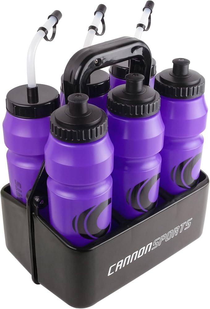 Cannon Sports 1 Liter Sports Water Bottle, BPA-Free, 34oz Capacity, Large Mouth, 2 lids (Straw & Squeeze) with Carrier, Great For Helmet Sports Such As Hockey, Lacrosse, Football, Boxing (Purple)