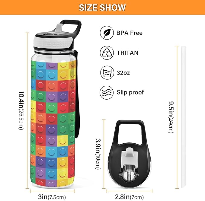 Colorful Building Blocks 32oz Sports Water Bottle with Straw – BPA Free, Leakproof, Reusable, Large Capacity Gym Bottle for Travel, Fitness, Outdoor Use