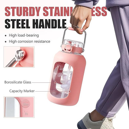 Large Glass Water Bottles with Stainless Steel Handle,100 oz Gallon Drinking Bottle with 2-in-1 Straw Lid,3 Liter Glass Water Jug with Silicone Sleeve,Wide Mouth,Pink