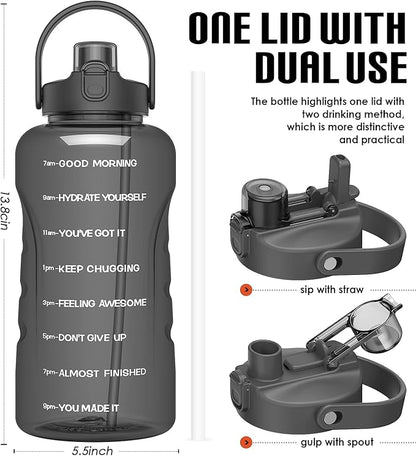 HydroPal 1 Gallon Water Bottles with Straw, 128 oz Water Bottle BPA Free Innovative 2-IN-1 Lid Gym Bottle with Times to Drink Motivational, Large for Sports Fitness Camping Water Jug （13.8X5.5 inch）