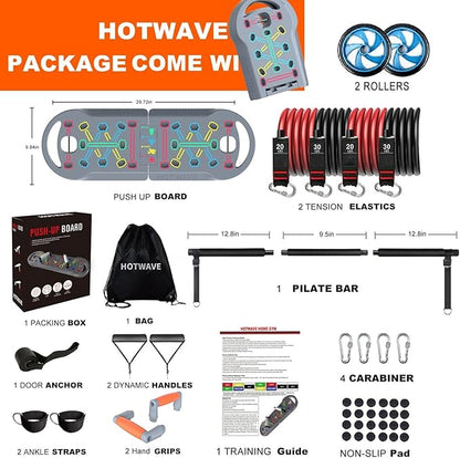 HOTWAVE Portable Exercise Equipment with 16 Gym Accessories,20 in 1 Push Up Board Fitness,Resistance Bands with Ab Roller Wheel,at Home Workout for Men