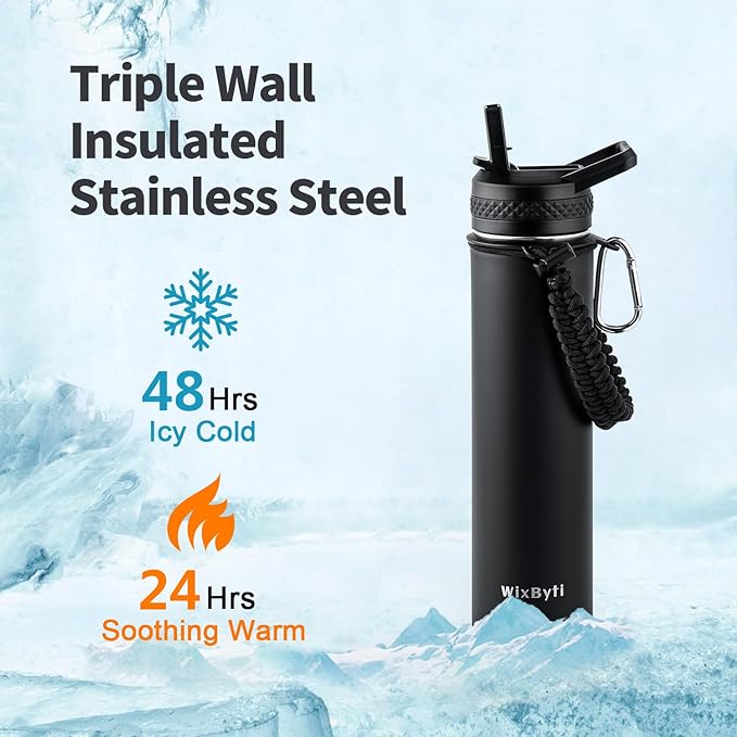 24 oz Insulated Water Bottle with Straw (Cold for 24 Hrs), Stainless Steel Triple Wall Vacuum Sports Water Jug, Leakproof Hydro Cup Flask with Paracord Handle & Straw Spout Lids & DIY Stickers