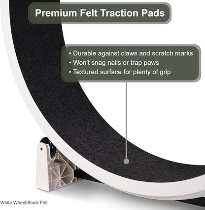 One Fast Cat - Cat Exercise Wheel - Gen. 7 - Safe 48" Diameter - Made in The USA - White Wheel with Black Felt Traction Pads and Solid Black Inline Wheels