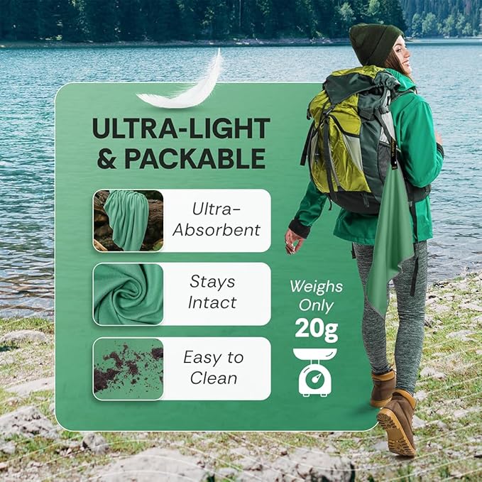 Backpacking Ultralight Quick Dry Microfiber Soft Fast Drying Hand and Face Towel Wash Cloth Camping Yoga Hiking Active Lifestyle Small (Green, Small)