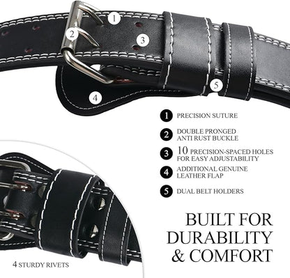 10 Adjustable Holes Genuine Leather Weightlifting Belt, 4”& 6”Width, Double Prong Power Belt for Gym Bodybuilding, weightlifting, powerlifting, squats and deadlifts