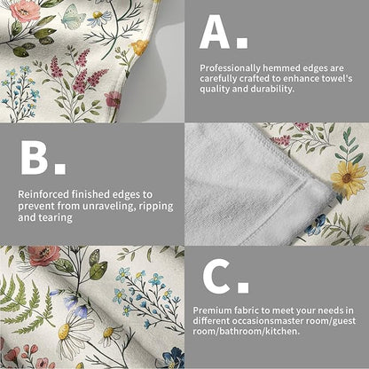 Watercolor Wildflowers Spring Kitchen Towels 14"x28" Set of 2 Rustic Floral Hand Bath Towel Vintage Flowers Seasonal Soft Absorbent Fingertip Towel for Bathroom Shower Hotel Gym