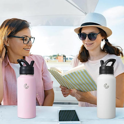 COKTIK 32oz Sports Water Bottle, Stainless Steel Water Bottle for Insulated, Reusable Travel Bottle, With Straw, With Handle Grip for Easy Carrying, Suitable for Cycling, Outdoor Vacations(White)