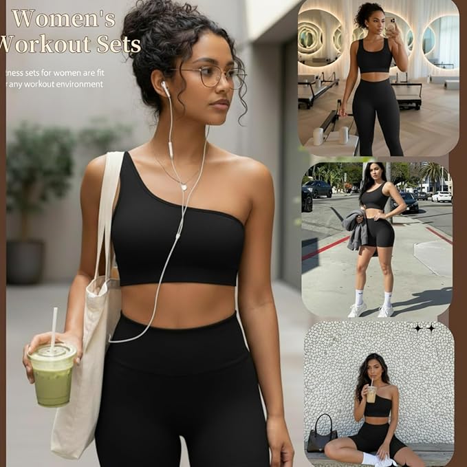 4 Pcs Women's Workout Sets Pilates Exercise Outfit Ribbed Scoop Neck Sports Bra Shorts Leggings Gym Clothes Set