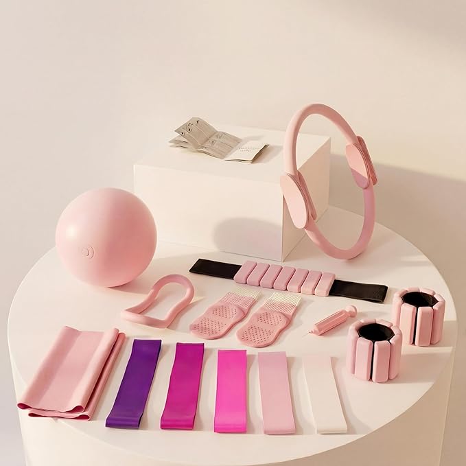 Pilates Equipment Kit for Home Workout, Pilates Kit, Pilates Ring Set, Pilates Ball, Adjustable Ankle And Wrist Weights, Resistance Bands, Grip Socks, Instruction Guides, Women Essentials Starter Set
