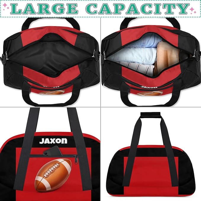 Personalized Boys Football Bag, Sport Duffel Gym Gymnastics American Football Bag Weekender Bags Gym Bag Travel Duffel Bag, Black Red