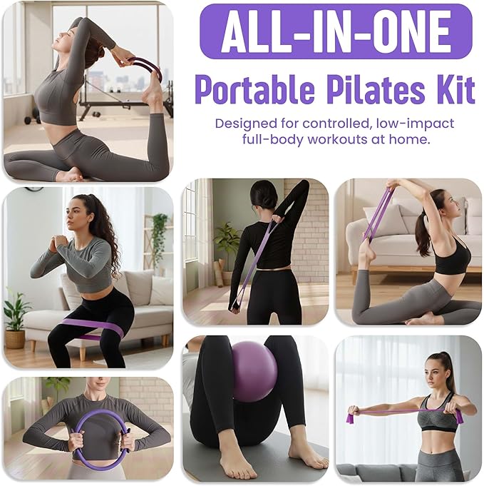 Pilates Kit 16- Pieces with Adjustable Resistance – Fitness Ring, Exercise Ball, Bands, Wrist Weights & Essential Pilates Equipment for Home Workouts - Versatile Fitness Accessories