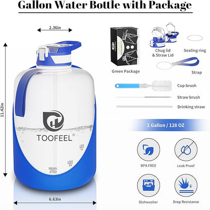 TOOFEEL 1 gallon water bottle - 128 oz water bottle with Straw & Chug Lid - BPA Free Big Water Bottle with Handle - Gym Water Bottle - Deep Blue and White