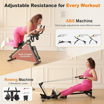TOUSAINS 3 in 1 Rowing Machine, Ab Machine with Resistance Bands, Abdominal Trainers for Full Body Workout, Fitness Foldable Equipment Rowing Machine for Home Gym