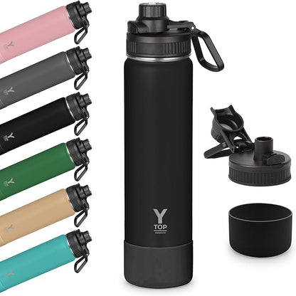 Y TOP 24oz Insulated Water Bottle Leak Proof Spout Lid Fits in Car Cup Holder – Double Wall Dishwasher Safe Easy Clean stainless steel drinking water bottle for Gym Kids Sports Travel Hiking School
