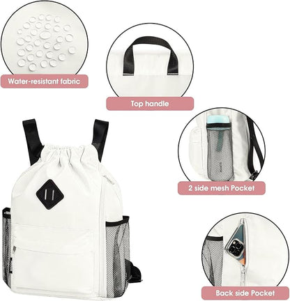 WANDF Drawstring Backpack Sports Gym Bag with Shoes Compartment, Water-Resistant String Backpack Cinch for Women Men (Small,Beige)