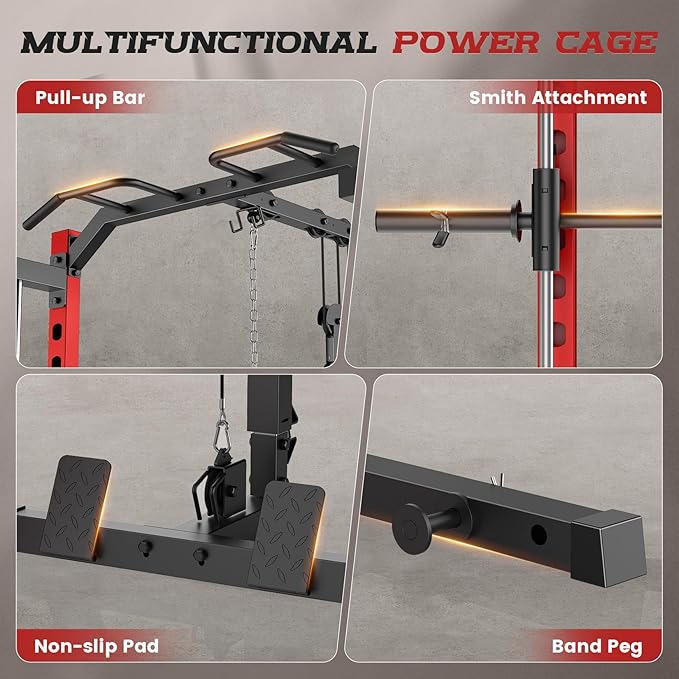 OPPSDECOR Smith Machine Power Rack for Home Gym - All-in-One Power Cage Squat Rack with LAT Pulldown, Cable Machine & Barbell Bar - Multi-Functional Strength Training Equipment