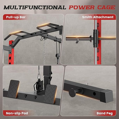 OPPSDECOR Smith Machine Power Rack for Home Gym - All-in-One Power Cage Squat Rack with LAT Pulldown, Cable Machine & Barbell Bar - Multi-Functional Strength Training Equipment