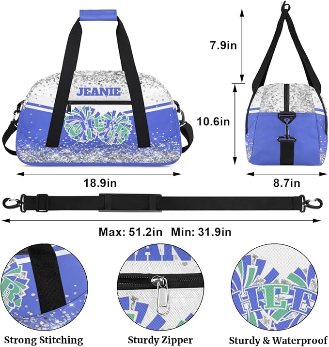 Personalized Cheer Gym Bags for Girls Kids Cheerleaders with Custom Name Sport Dance Perform Training Duffel Bags for Overnight Weekender Travel White Blue