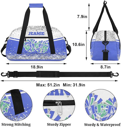 Personalized Cheer Gym Bags for Girls Kids Cheerleaders with Custom Name Sport Dance Perform Training Duffel Bags for Overnight Weekender Travel White Blue