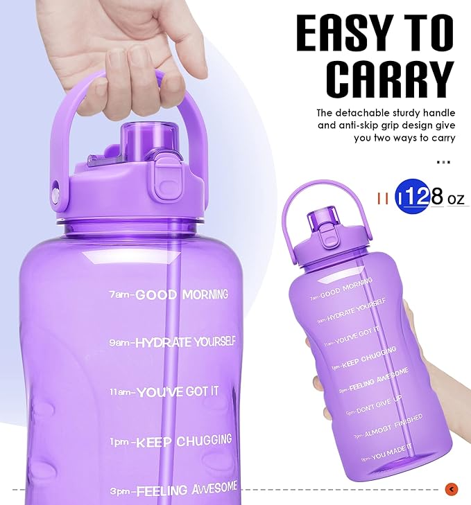 HydroPal 1 Gallon Water Bottles with Straw, 128 oz Water Bottle BPA Free Innovative 2-IN-1 Lid Gym Bottle with Times to Drink Motivational, Large for Sports Fitness Camping Water Jug （13.8X5.5 inch）