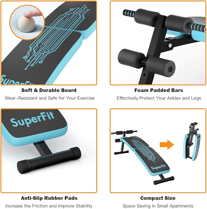 GYMAX Adjustable Sit up Bench, Folding Abdominal Training Slant Bench with Reserve Crunch Handle, Curved Decline Ab Bench for Home/Gym