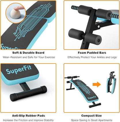 GYMAX Adjustable Sit up Bench, Folding Abdominal Training Slant Bench with Reserve Crunch Handle, Curved Decline Ab Bench for Home/Gym