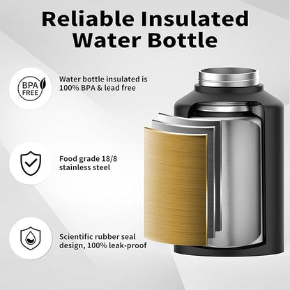WATERSY 1 Gallon Water Bottle Insulated(Cold for 48 Hrs),BPA Free&Leak Proof,128oz Stainless Steel Water Jug with Handle for Gym,Hiking,Camping&Travel,Black Large Thermo