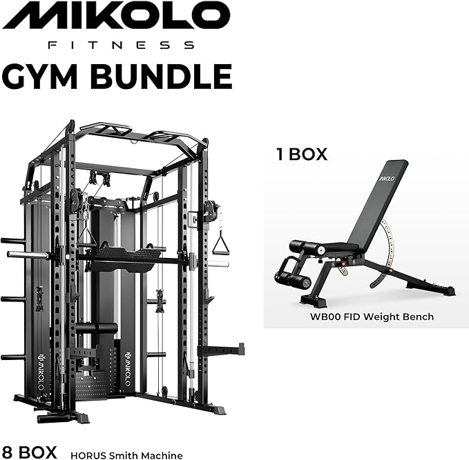Mikolo Smith Machine with Weight Stack, Power Cage Home Gym System with LAT Pulldown & Cable Crossover, Multi-Functional Trainer with Dual Pulley System, Includes 10+ Free Attachments