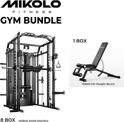 Mikolo Smith Machine with Weight Stack, Power Cage Home Gym System with LAT Pulldown & Cable Crossover, Multi-Functional Trainer with Dual Pulley System, Includes 10+ Free Attachments