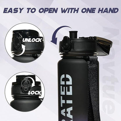 Water Bottle, 32 oz Sports Water Bottles with Time Marker Wide Mouth, Motivational and Leakproof Drink Bottle, BPA Free Tritan with Carry Strap for Gym Fitness Outdoor(1 Bottle)
