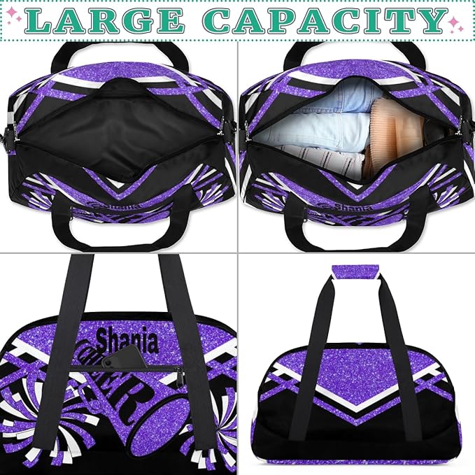 Custom Cheer Dancing Bags for Girls, Personalized Sports Duffle Bag Gym Cheerleading Bag Travel Duffel Perform Training Bag with Name, Purple Black Glitters