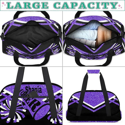 Custom Cheer Dancing Bags for Girls, Personalized Sports Duffle Bag Gym Cheerleading Bag Travel Duffel Perform Training Bag with Name, Purple Black Glitters