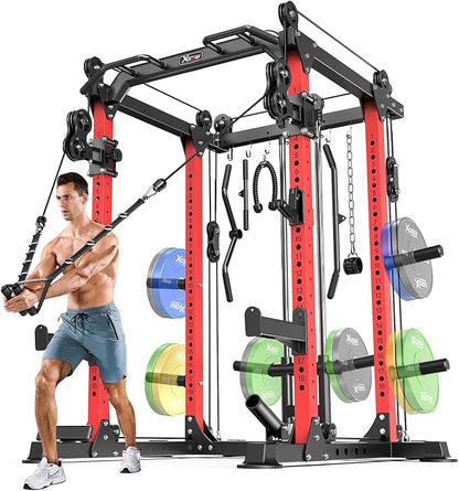 Power Rack Power Cage Multi-Function Squat Rack with Cable Crossover System Selectable More Training Attachment Power Rack for Garage & Home Gym