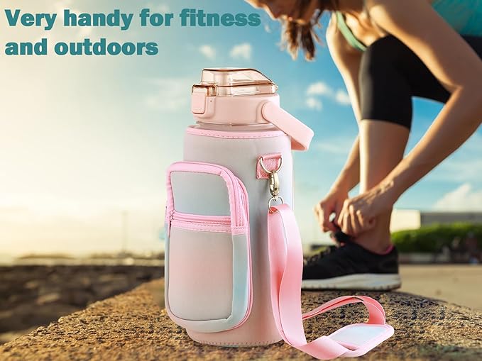 Half Gallon Water Bottle with Sleeve & Strap 64 OZ Motivational Water Bottles with Straw Large Wide Mouth Water Jug with Time Marker for Fitness, Gym and Outdoor Sports, Leak-proof & BPA Free,