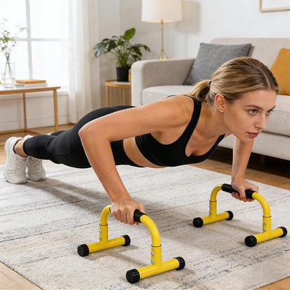 2 Pieces Robust Steel Fitness Stands with Thick Foam Grips Ideal for Arm and Chest Training Yellow Workout Stand Pair