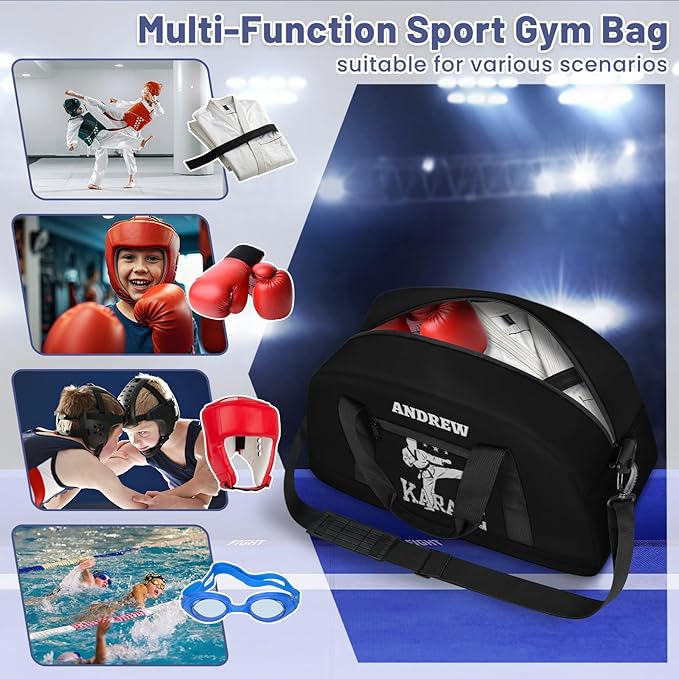 Custom Name Taekwondo Karate Duffle Bag for kids Boy Girls - Personalized Martial Arts Gear Bag, Water-Resistant Sparring Equipment Bag, Karate Black