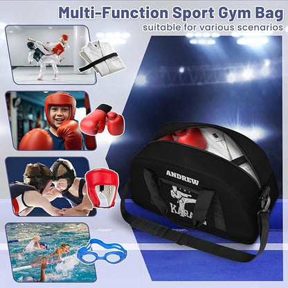 Custom Name Taekwondo Karate Duffle Bag for kids Boy Girls - Personalized Martial Arts Gear Bag, Water-Resistant Sparring Equipment Bag, Karate Black