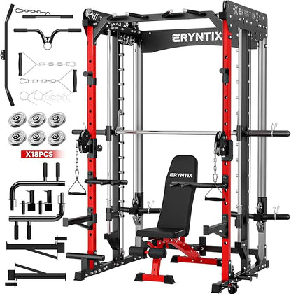 Smith Machine Power Rack, Eryntix All-in-One Power Cage with Cable Crossover, Squat Rack, LAT Pulldown & Pull-Up Bar, 2600LBS Capacity Home Gym Equipment with 18 Attachments for Strength Training
