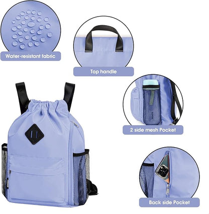 WANDF Drawstring Backpack Sports Gym Bag with Shoes Compartment, Water-Resistant String Backpack Cinch for Women Men (Small,Light Blue)