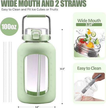 Large Glass Water Bottles with Stainless Steel Handle,100 oz Gallon Drinking Bottle with 2-in-1 Straw Lid,3 Liter Glass Water Jug with Silicone Sleeve,Wide Mouth,Light Green