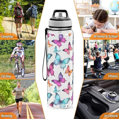 ALAZA Funny Butterfly Sports Water Bottle with Straw Tritan Drink Bottle 32 oz BPA Free Reusable for Travel Outdoor Fitness
