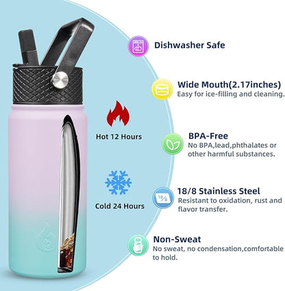 BJPKPK Insulated Water Bottles with Straw Lid, 18oz Stainless Steel Metal Water Bottle, Cold Hot Thermo with 3 Lids, Leak Proof BPA Free Travel Cup, Wide Mouth Flasks, Thermo -Lavender Green