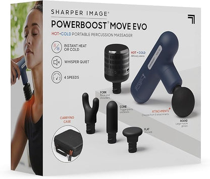 Sharper Image Deep Tissue Percussion Massage Gun, Powerboost Move Evo Hot & Cold Rechargeable Handheld Massager, 4 Adjustable Speeds, 5 Attachment Heads & Carrying Case, for Muscle Pain Relief, Blue