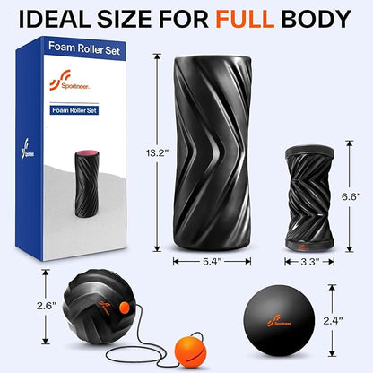 Sportneer 4 in 1 Foam Set, Muscle Relax Kit with 2 Textured Foam Pilates Rollers, Stringed Exercise Ball, Lacrosse Ball for Muscle Shoulder Back Leg Whole Body Relax Fitness Yoga