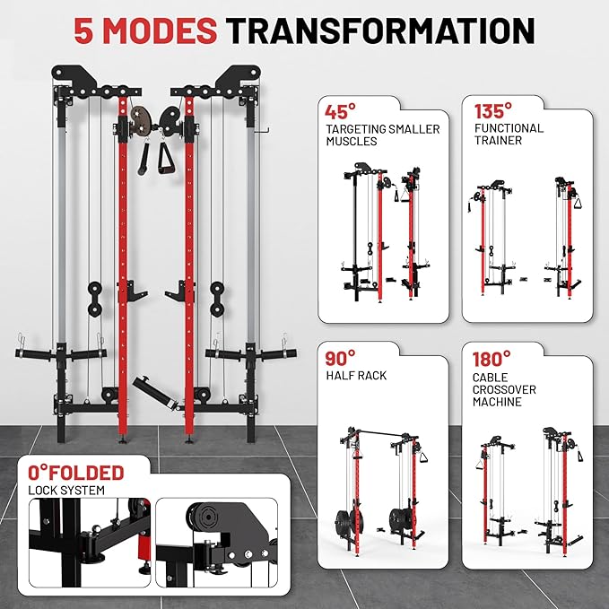 GarveeLife Folding Squat Rack, Wall Mounted Power Rack with Pulley System & Pull Up Bar, Compact Fitness Equipment with 5 Adjustable Function Modes for Small Spaces, Garage, Apartment, Red