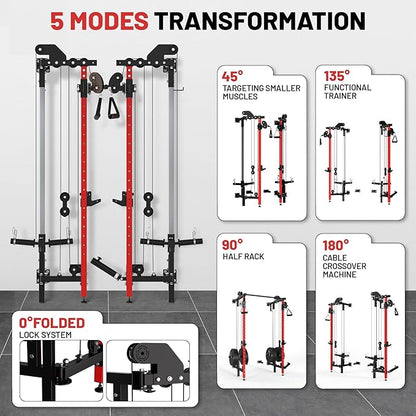 GarveeLife Folding Squat Rack, Wall Mounted Power Rack with Pulley System & Pull Up Bar, Compact Fitness Equipment with 5 Adjustable Function Modes for Small Spaces, Garage, Apartment, Red