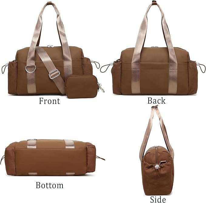 Everyday Mini Gym Bag for Women 2.0, Small Tote with Zipper Compartment Waterproof Travel Duffle Cute Handbag Workout Carry On with Removeable Shoulder Strap & Coin Wallet Easy to Clean - Brown