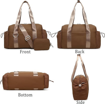 Everyday Mini Gym Bag for Women 2.0, Small Tote with Zipper Compartment Waterproof Travel Duffle Cute Handbag Workout Carry On with Removeable Shoulder Strap & Coin Wallet Easy to Clean - Brown